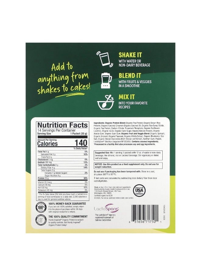 Purely Inspired, Organic Plant-Based Protein Powder, Creamy French Vanilla, 14 Single Serve Packets, 1.23 oz (35 g) Each