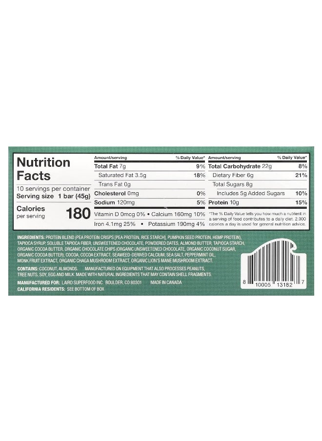 Laird Superfood, Protein Bar + Adaptogens, Chocolate Mint, 10 Bars, 1.6 oz (45 g) Each