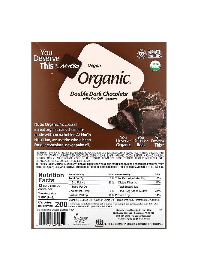 NuGo Nutrition, Organic Protein Bars, Double Dark Chocolate with Sea Salt, 12 Bars, 1.76 oz (50 g) Each