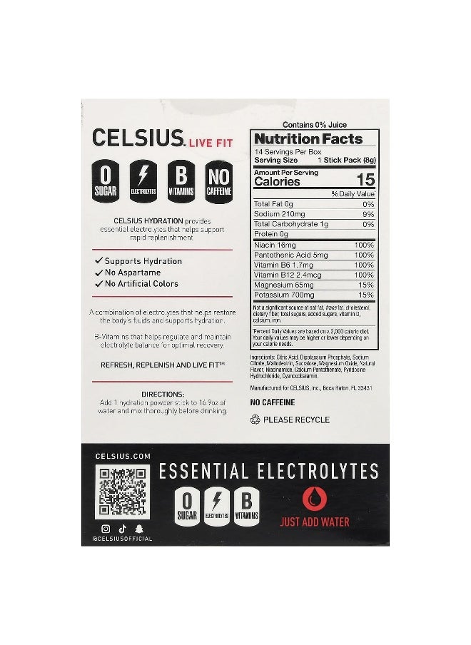 Celsius, Live Fit, Hydration, Essential Electrolytes, No Caffeine, Fruit Punch, 14 Hydration Powder Sticks, 0.27 oz (7.76 g) Each