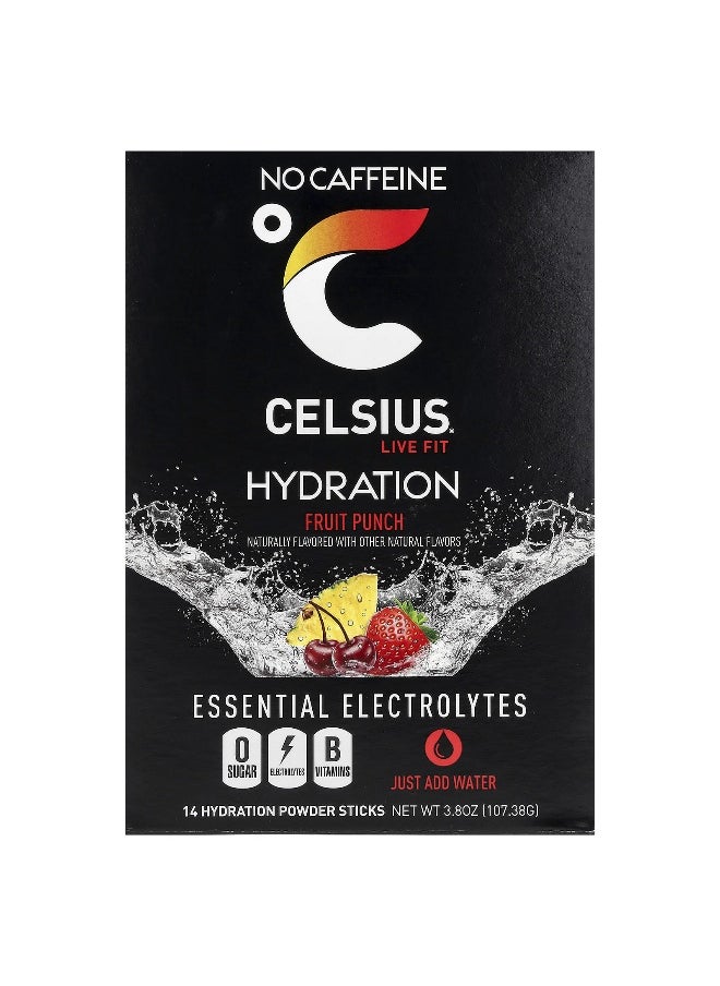 Celsius, Live Fit, Hydration, Essential Electrolytes, No Caffeine, Fruit Punch, 14 Hydration Powder Sticks, 0.27 oz (7.76 g) Each