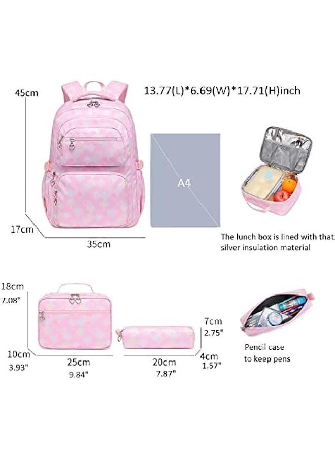 School Backpack Set for Girls Kids Elementary Middle Back Pack Bookbag with Lunch Bag