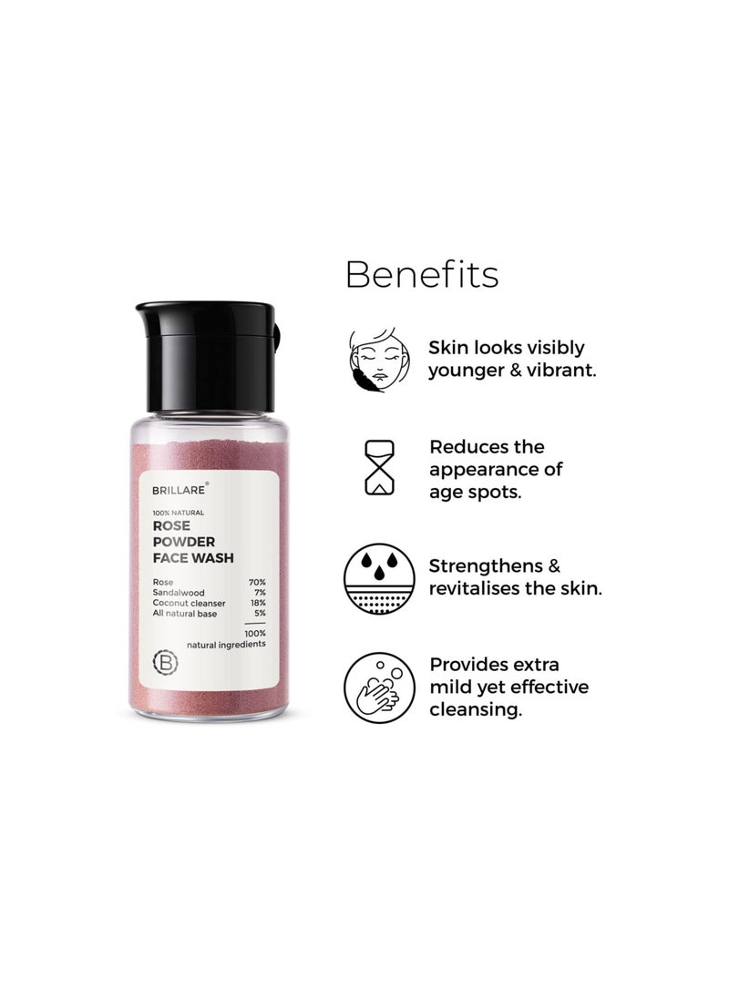 Brillare Rose Face Wash, Anti Ageing Skin, Sandalwood & Coconut Face Wash for Hydration, Reduce Wrinkles & Provides Supple Look, 100% Natural Powder Face Wash, 15g