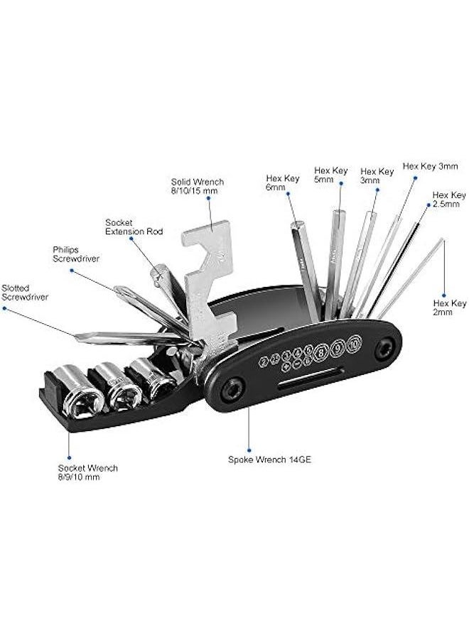 Bike Repair Tool Kit, 16 in 1 Multifunction Bicycle Repair Kit Heat-Treated Cycling Maintenance Tool with Tyre Lever, Allen Wrench, Tyre Patches, Metal Rasp, Handy Storage Case
