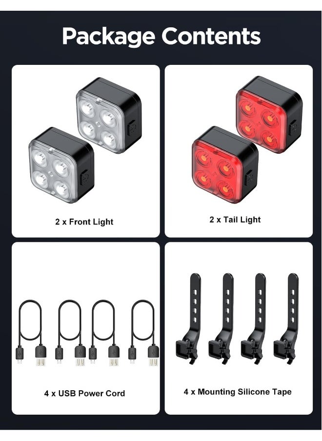 Bike Lights Set, Rechargeable Bicycle Lights Front and Rear, 4 Light Mode Options, Bike Headlight, IPX4 Waterproof, Easy to Install for Men Women Road (2 Pack)