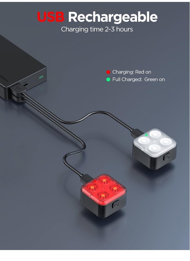 Bike Lights Set, Rechargeable Bicycle Lights Front and Rear, 4 Light Mode Options, Bike Headlight, IPX4 Waterproof, Easy to Install for Men Women Road (2 Pack)