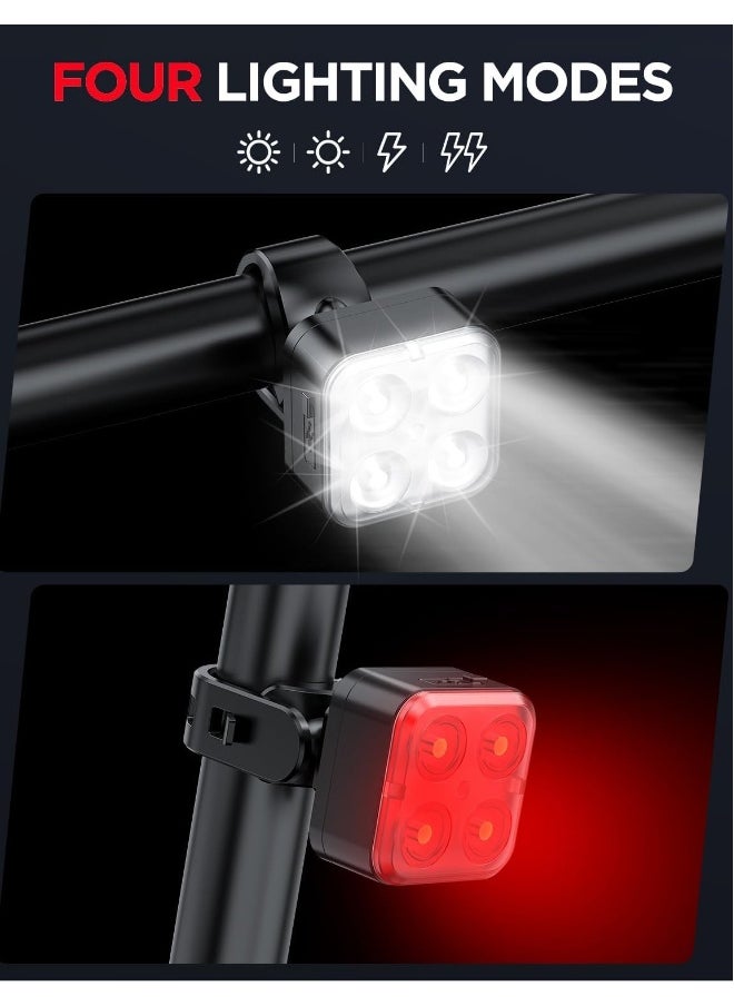 Bike Lights Set, Rechargeable Bicycle Lights Front and Rear, 4 Light Mode Options, Bike Headlight, IPX4 Waterproof, Easy to Install for Men Women Road (2 Pack)