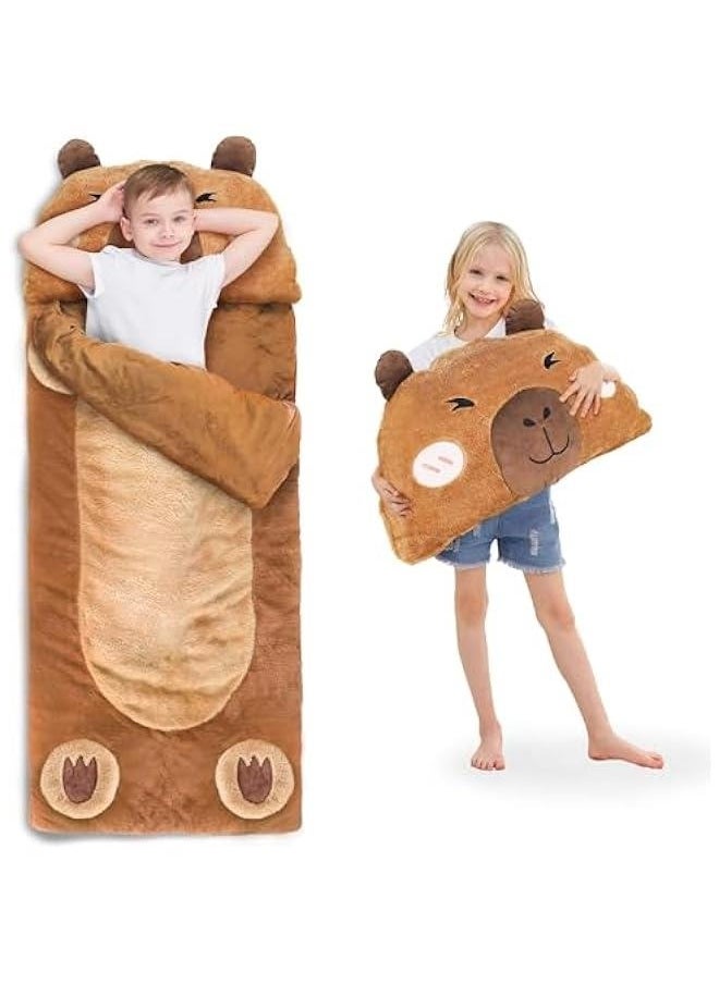 Kid Sleeping Bag, Plush Capybara Slumber Bag, Toddler Girl Boy Nap Mat, 2 In 1 Brown Animal Pillow, Happy Travel Sleepover Daycare Preschool Birthday Gift for Age 3 4 5 6 7 8 10 12 Child