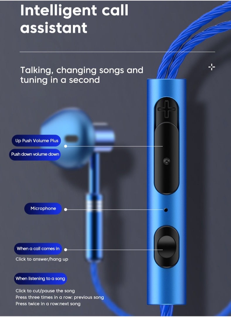 Wired Earphones, 3.5mm Metal Headphones With Mic, Comfortable Ergonomic Heavy Bass In Ear Earbuds, Noise Cancelling Sports Headsets For Music Workouts Running Cycling, (1pc, Blue)