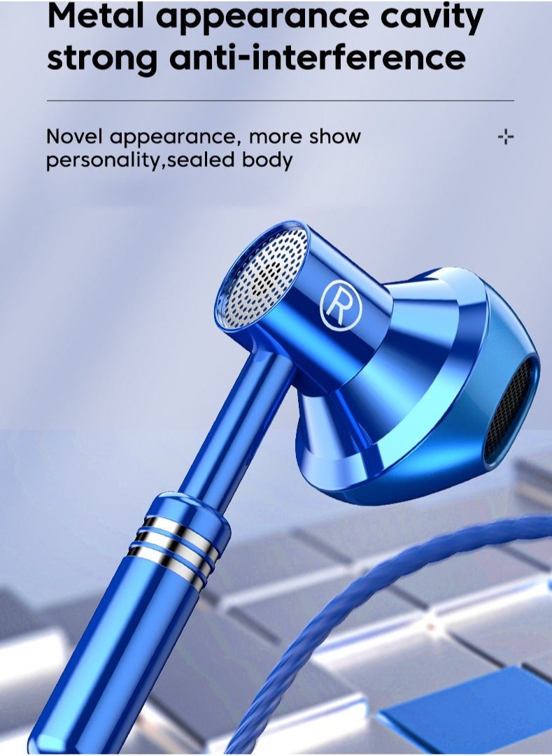 Wired Earphones, 3.5mm Metal Headphones With Mic, Comfortable Ergonomic Heavy Bass In Ear Earbuds, Noise Cancelling Sports Headsets For Music Workouts Running Cycling, (1pc, Blue)