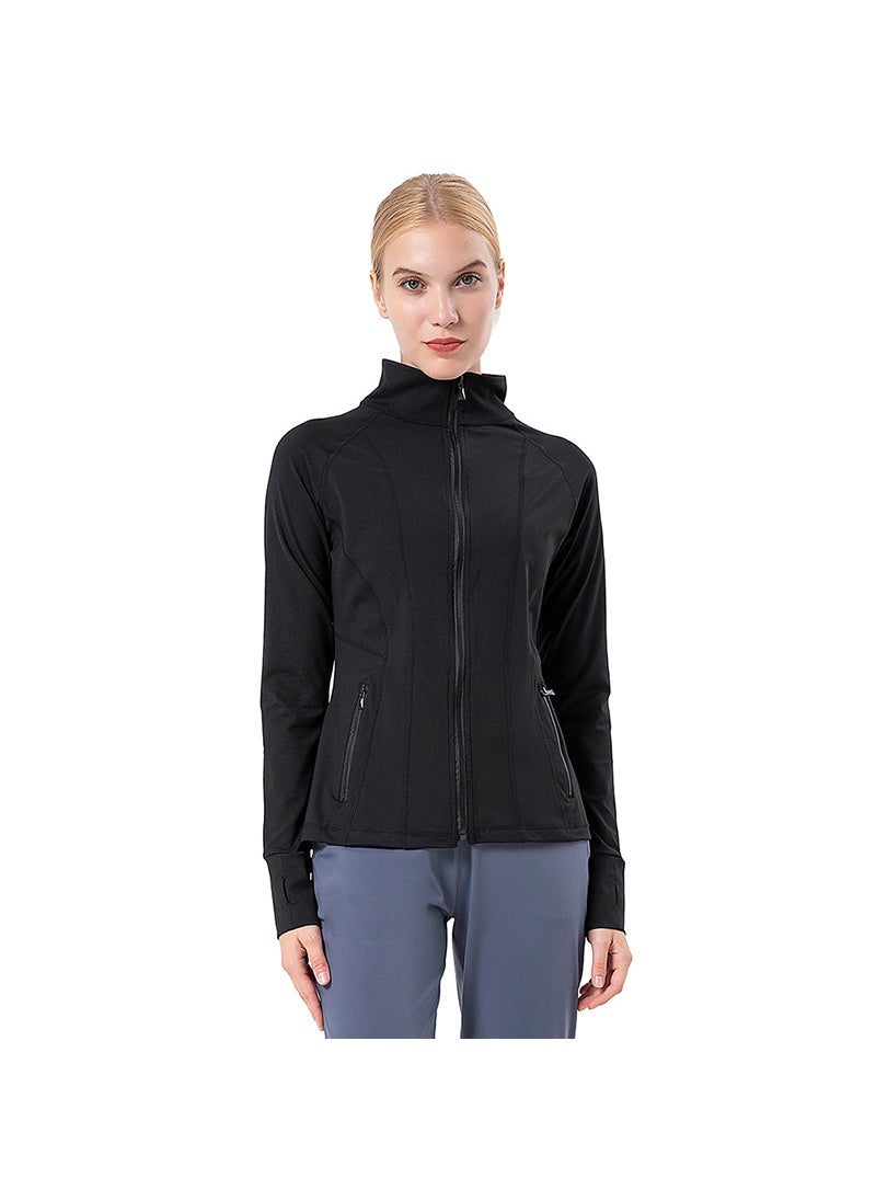 2023 spring new womens yoga clothes sports coat quick-drying stand collar long sleeve running coat fitness clothes cross-border Black