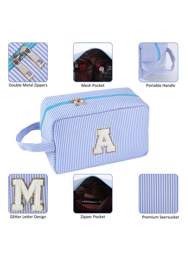 Personalized Initial Cute Makeup Bag, Large Travel Cosmetic Bag Make Up Bags Pink Makeup Bag Toiletry Bag with Zipper Makeup Organizer Gifts for Women Friend Girl Bridesmaids (Blue, A)