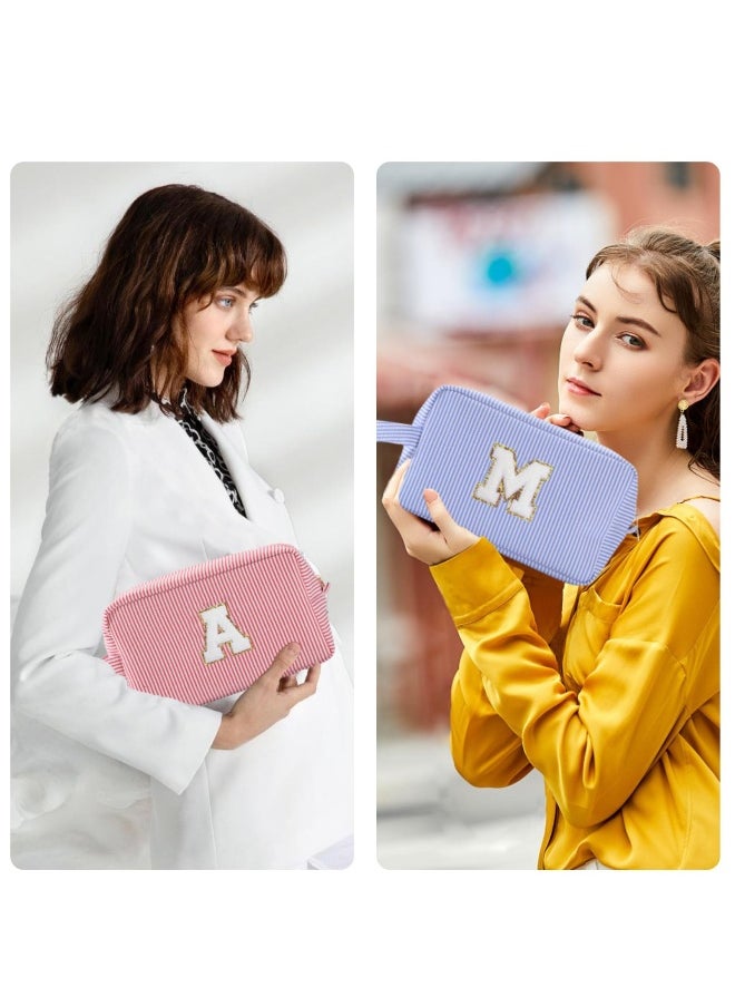 Personalized Initial Cute Makeup Bag, Large Travel Cosmetic Bag Make Up Bags Pink Makeup Bag Toiletry Bag with Zipper Makeup Organizer Gifts for Women Friend Girl Bridesmaids (Blue, A)