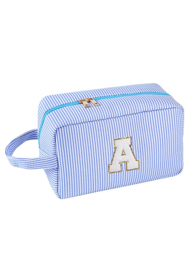 Personalized Initial Cute Makeup Bag, Large Travel Cosmetic Bag Make Up Bags Pink Makeup Bag Toiletry Bag with Zipper Makeup Organizer Gifts for Women Friend Girl Bridesmaids (Blue, A)