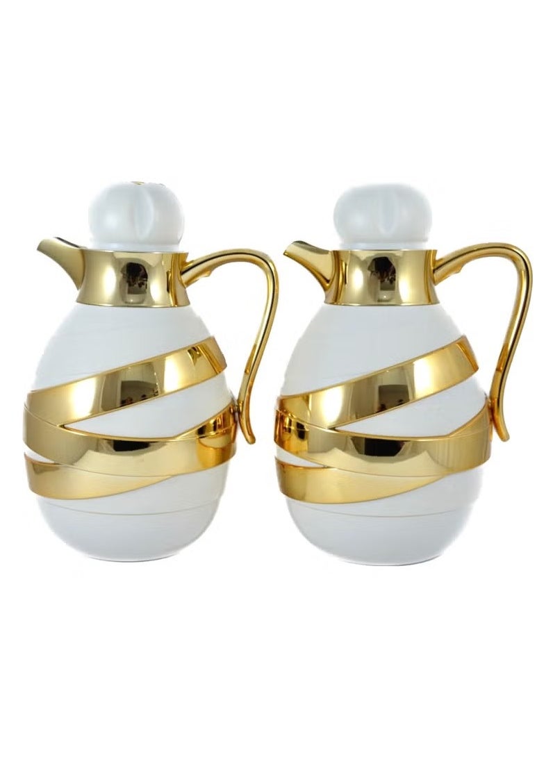 2-Piece Insulated Tea & Coffee Flask Set – 1L Each | Elegant White & Gold | Glass Inner, ABS Body, Long-Lasting Hot & Cold Retention