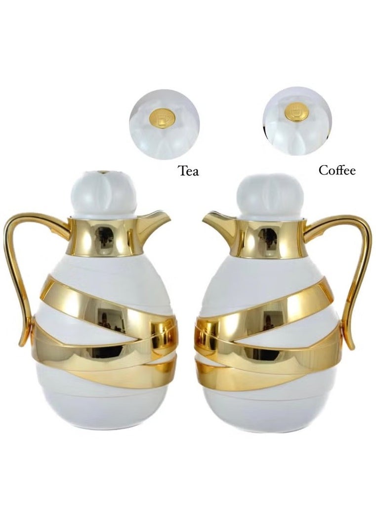 2-Piece Insulated Tea & Coffee Flask Set – 1L Each | Elegant White & Gold | Glass Inner, ABS Body, Long-Lasting Hot & Cold Retention