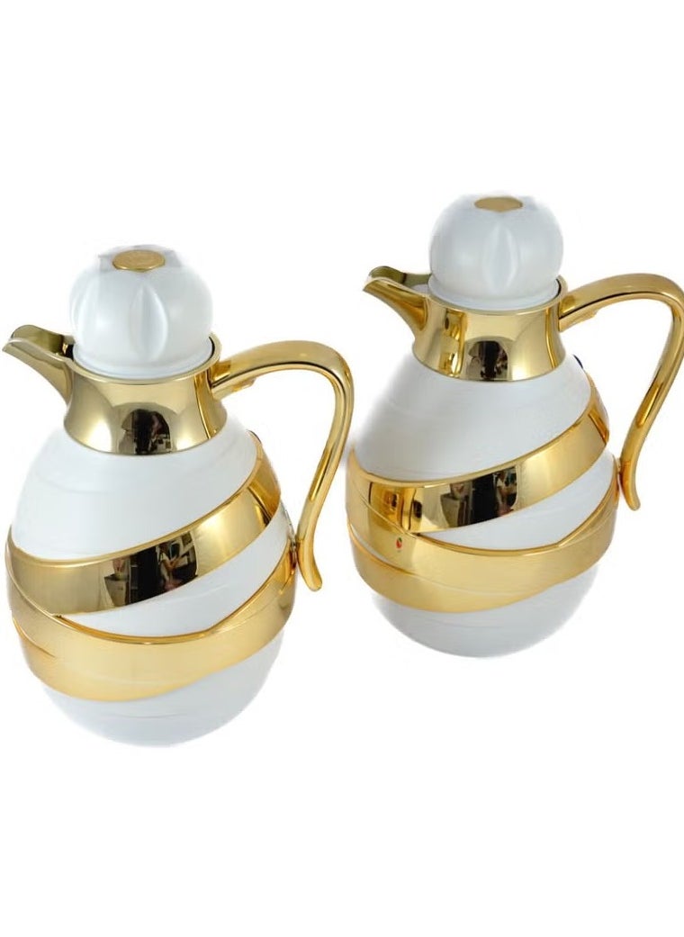 2-Piece Insulated Tea & Coffee Flask Set – 1L Each | Elegant White & Gold | Glass Inner, ABS Body, Long-Lasting Hot & Cold Retention