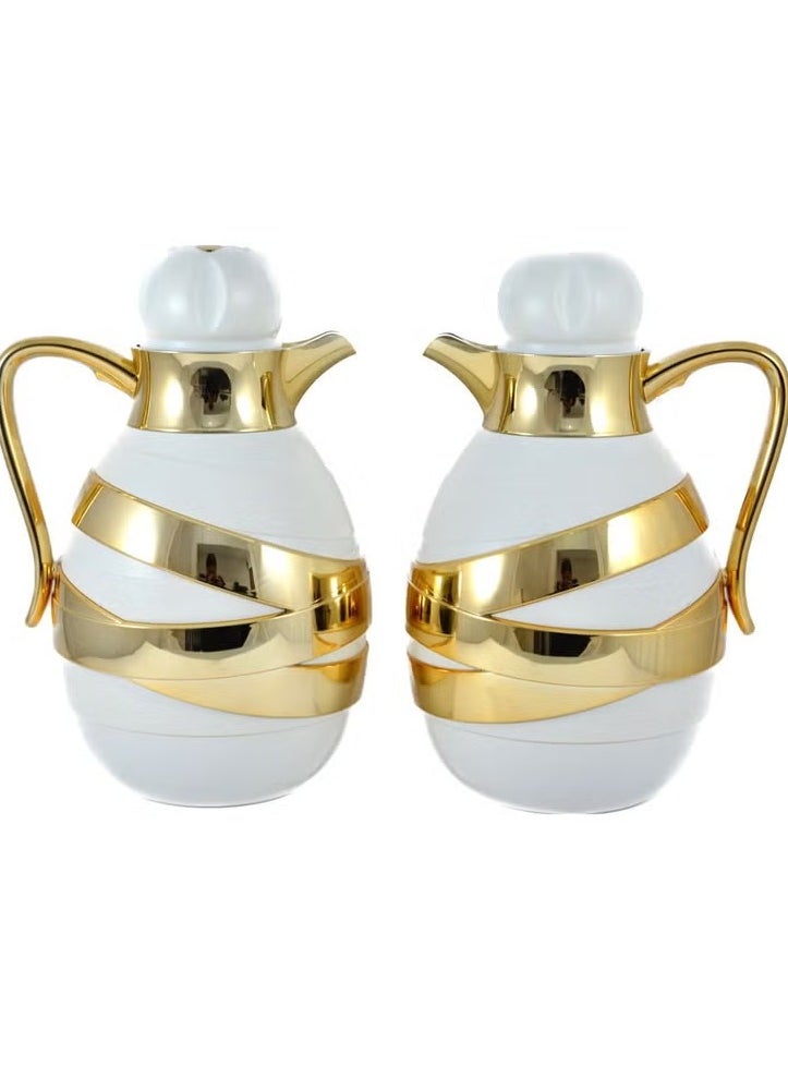 2-Piece Insulated Tea & Coffee Flask Set – 1L Each | Elegant White & Gold | Glass Inner, ABS Body, Long-Lasting Hot & Cold Retention