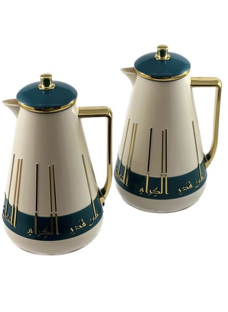 2-Piece Premium Tea & Coffee Flask Set – 1L Each | White, Petrol Green & Gold | Glass Inner, ABS Body | Long-Lasting Hot & Cold Insulation