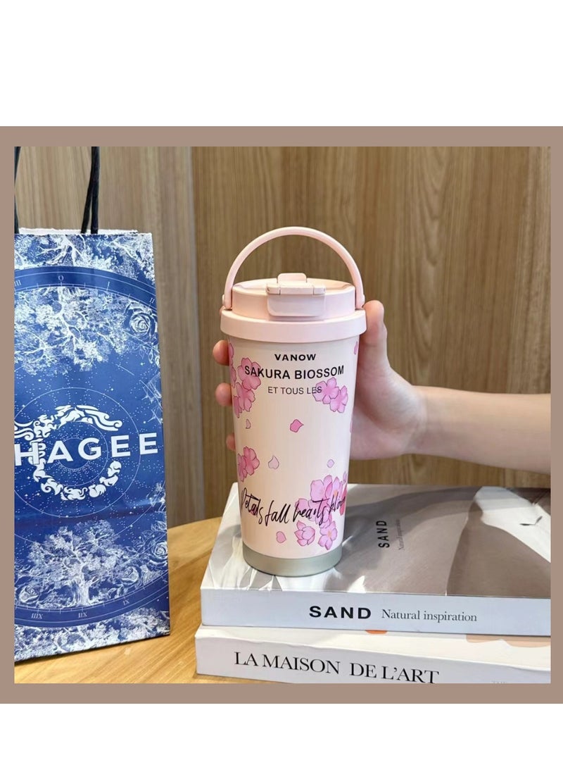 Thermos Travel Mug, 500 ML Insulated Double Wall Stainless Steel Travel Mug, Leakproof and BPA Free, Portable Coffee Mug with Hidden Straw, Perfect for Hot & Cold Drinks 17 oz