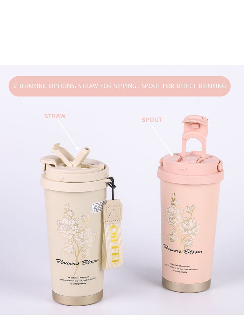 Thermos Travel Mug, 500 ML Insulated Double Wall Stainless Steel Travel Mug, Leakproof and BPA Free, Portable Coffee Mug with Hidden Straw, Perfect for Hot & Cold Drinks 17 oz