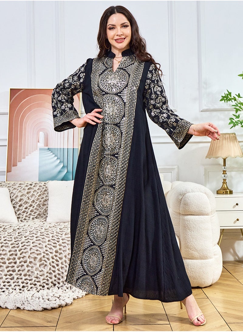 Womens Loose Fit Muslim AbayaEmbroider Sparkling Sequin Decoration Evening Dress Arabian Maxi Robe Black