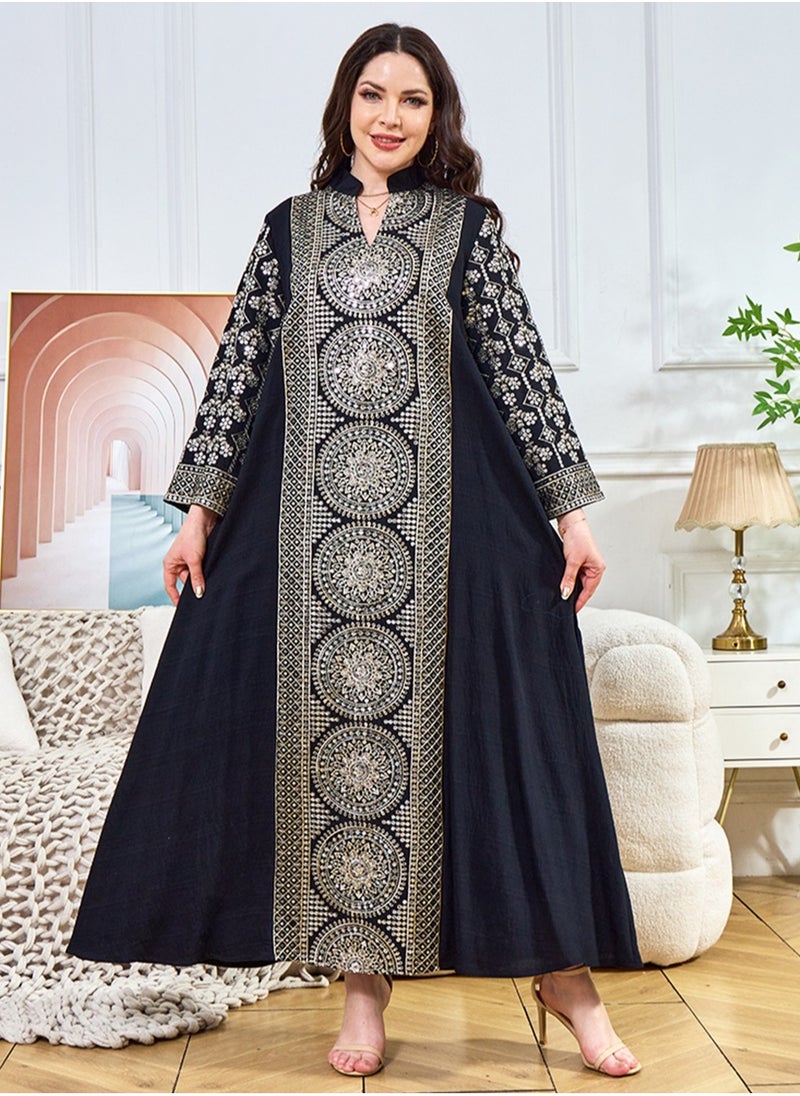 Womens Loose Fit Muslim AbayaEmbroider Sparkling Sequin Decoration Evening Dress Arabian Maxi Robe Black