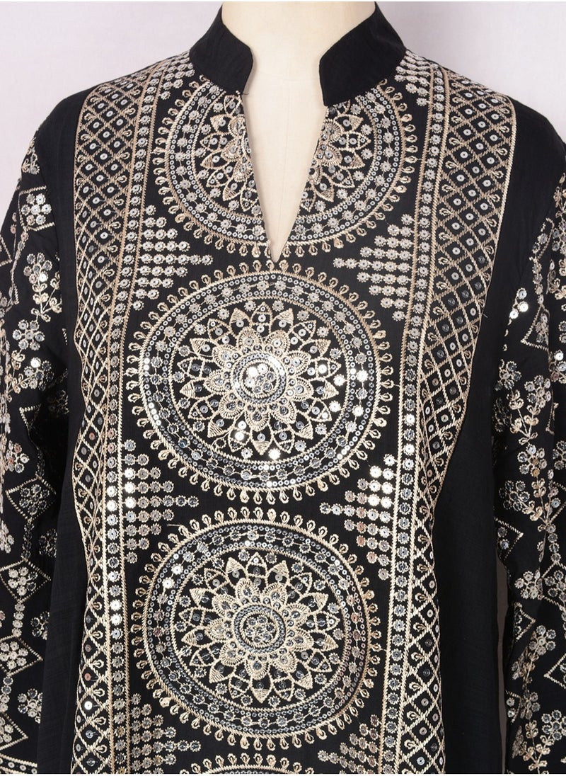 Womens Loose Fit Muslim AbayaEmbroider Sparkling Sequin Decoration Evening Dress Arabian Maxi Robe Black