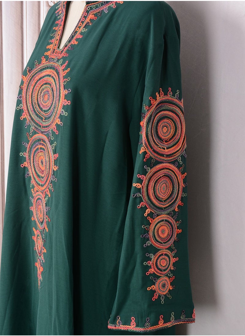 Womens Loose Fit Muslim Abaya Exquisite Cording Embroidery Evening Dress Arabian Maxi Robe Blackish Green