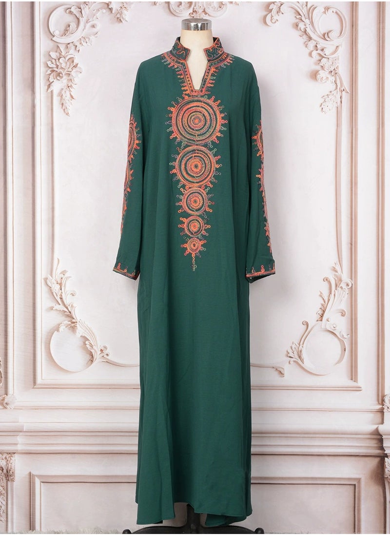 Womens Loose Fit Muslim Abaya Exquisite Cording Embroidery Evening Dress Arabian Maxi Robe Blackish Green