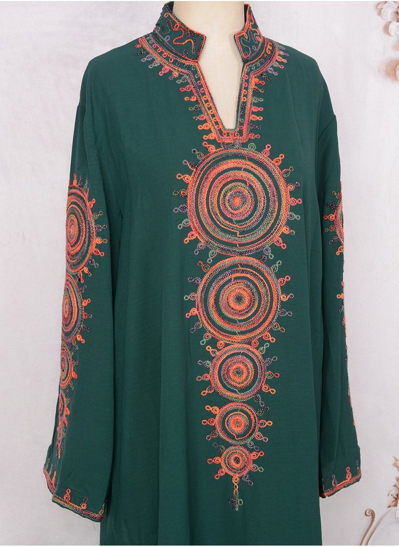 Womens Loose Fit Muslim Abaya Exquisite Cording Embroidery Evening Dress Arabian Maxi Robe Blackish Green