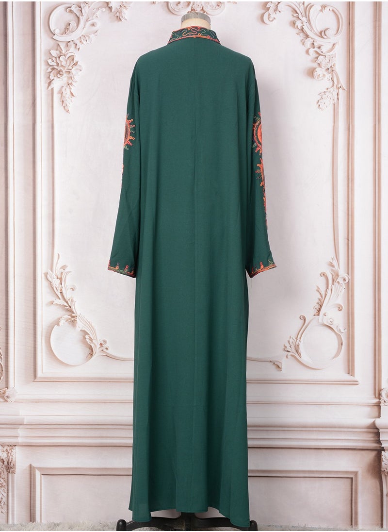Womens Loose Fit Muslim Abaya Exquisite Cording Embroidery Evening Dress Arabian Maxi Robe Blackish Green