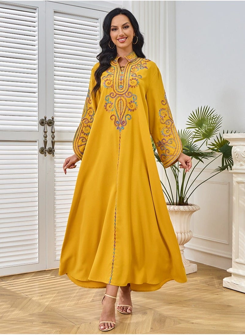 Womens Loose Fit Muslim Abaya Exquisite Cording Embroidery Evening Dress Arabian Maxi Robe Yellow