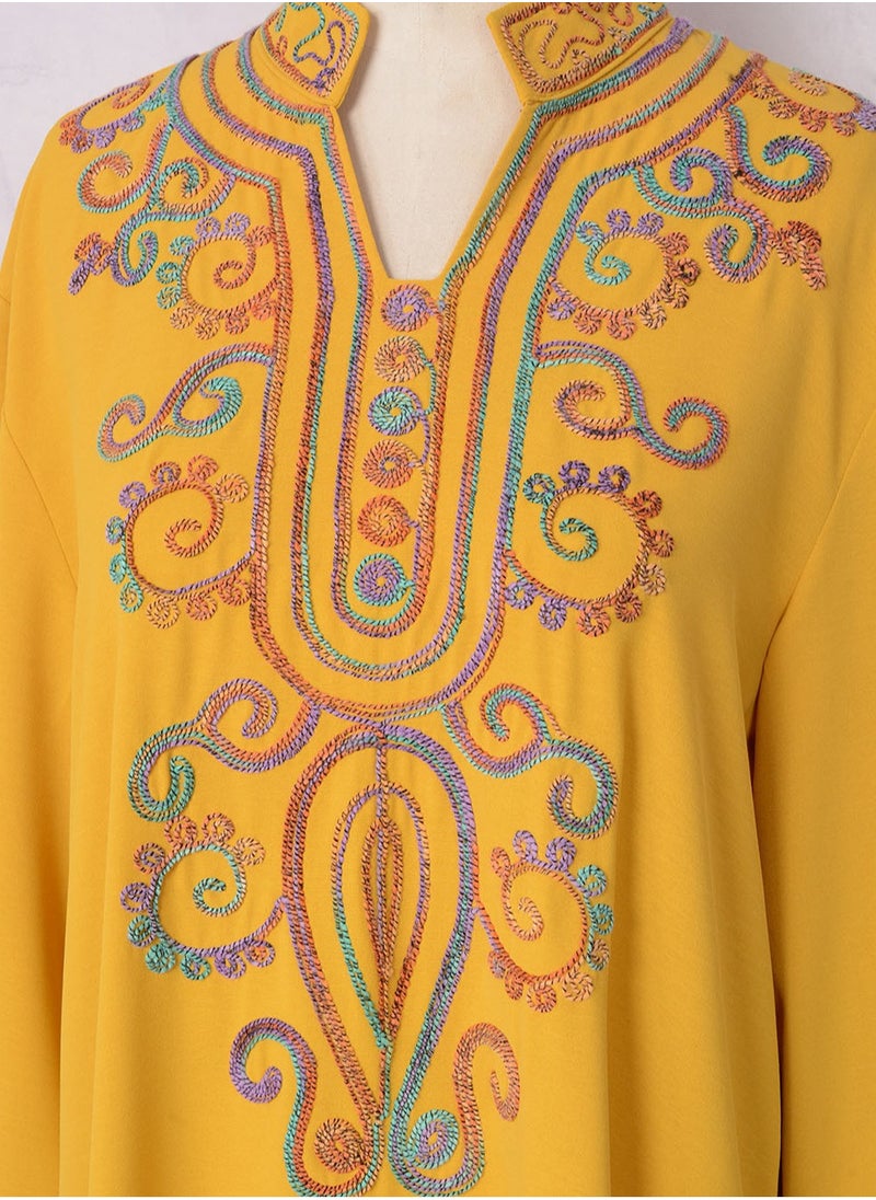Womens Loose Fit Muslim Abaya Exquisite Cording Embroidery Evening Dress Arabian Maxi Robe Yellow
