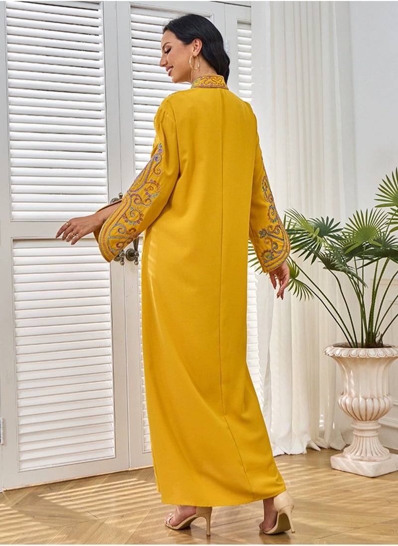 Womens Loose Fit Muslim Abaya Exquisite Cording Embroidery Evening Dress Arabian Maxi Robe Yellow