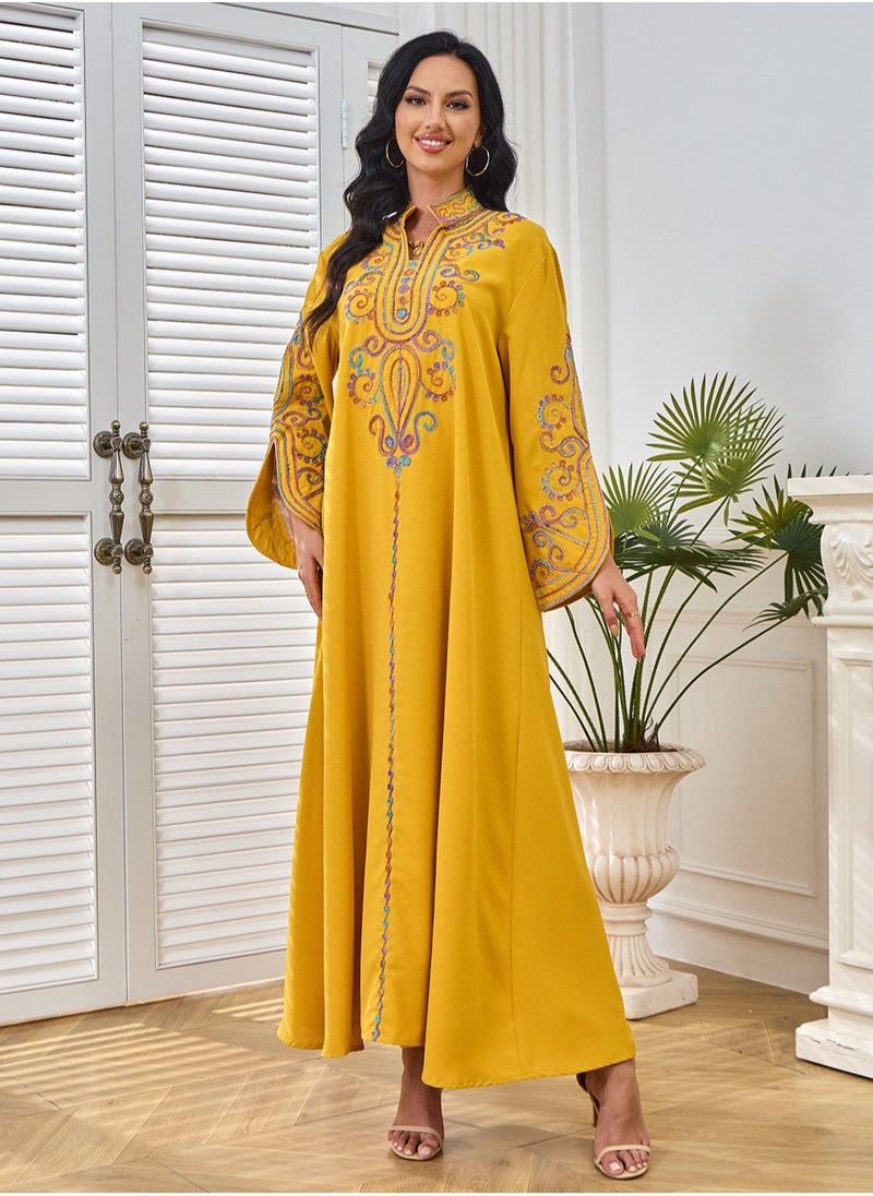 Womens Loose Fit Muslim Abaya Exquisite Cording Embroidery Evening Dress Arabian Maxi Robe Yellow