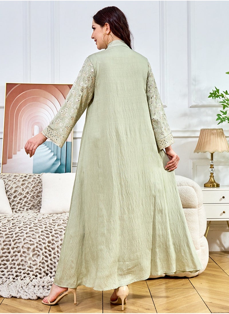 Womens Loose Fit Muslim AbayaEmbroider Sparkling Sequin Decoration Evening Dress Arabian Maxi Robe Pale Green