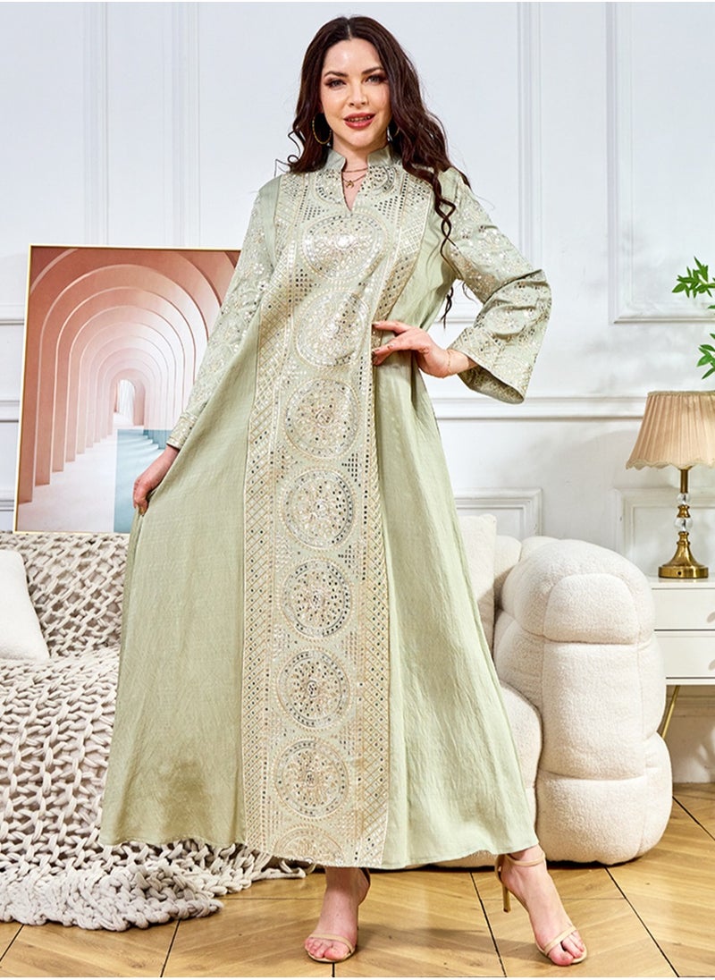 Womens Loose Fit Muslim AbayaEmbroider Sparkling Sequin Decoration Evening Dress Arabian Maxi Robe Pale Green