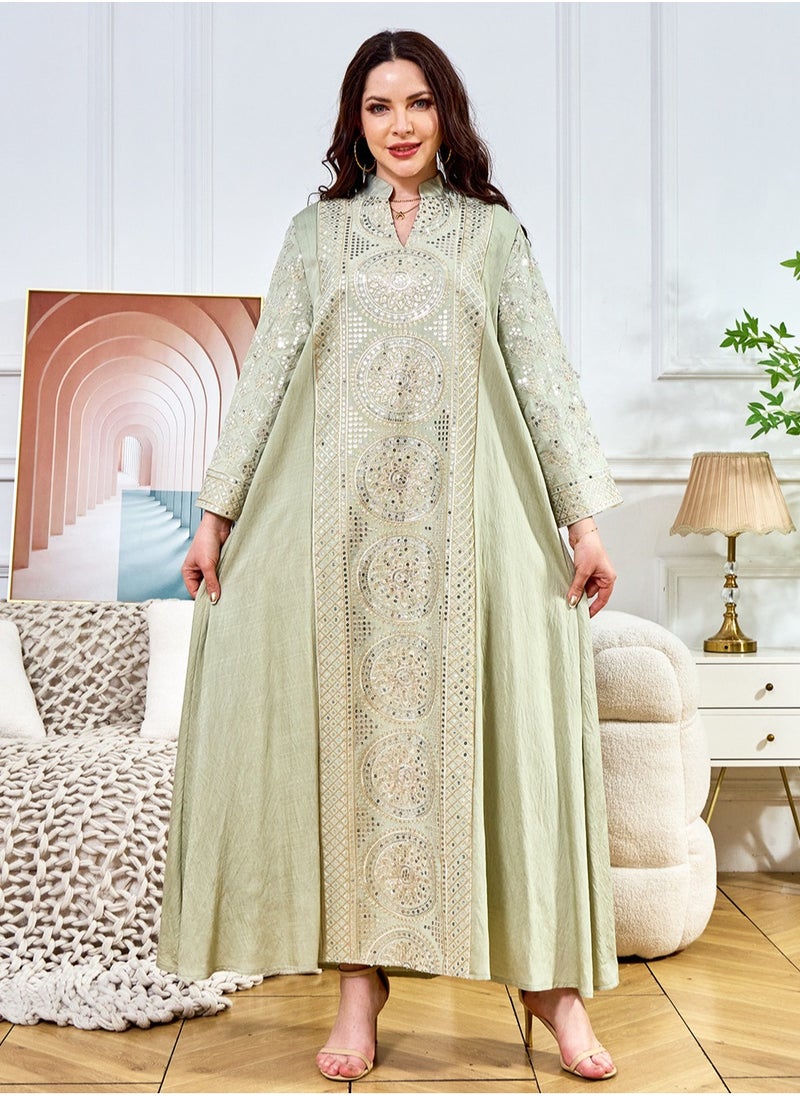Womens Loose Fit Muslim AbayaEmbroider Sparkling Sequin Decoration Evening Dress Arabian Maxi Robe Pale Green