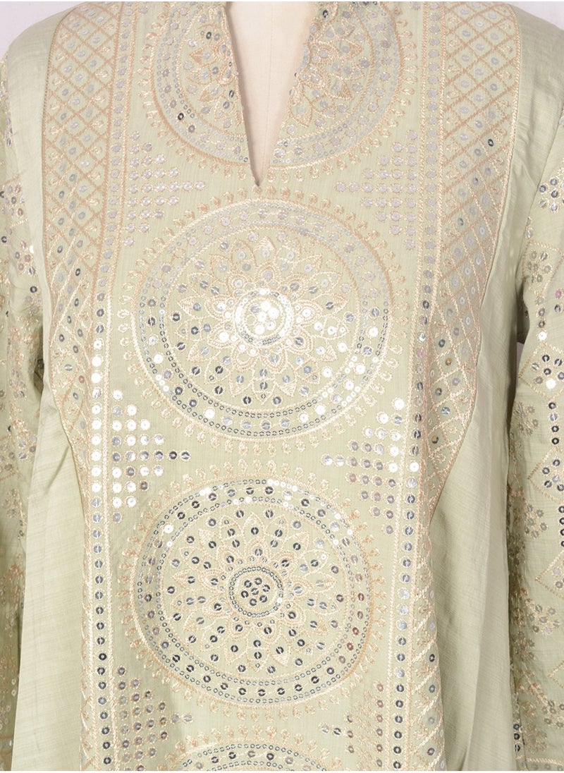 Womens Loose Fit Muslim AbayaEmbroider Sparkling Sequin Decoration Evening Dress Arabian Maxi Robe Pale Green