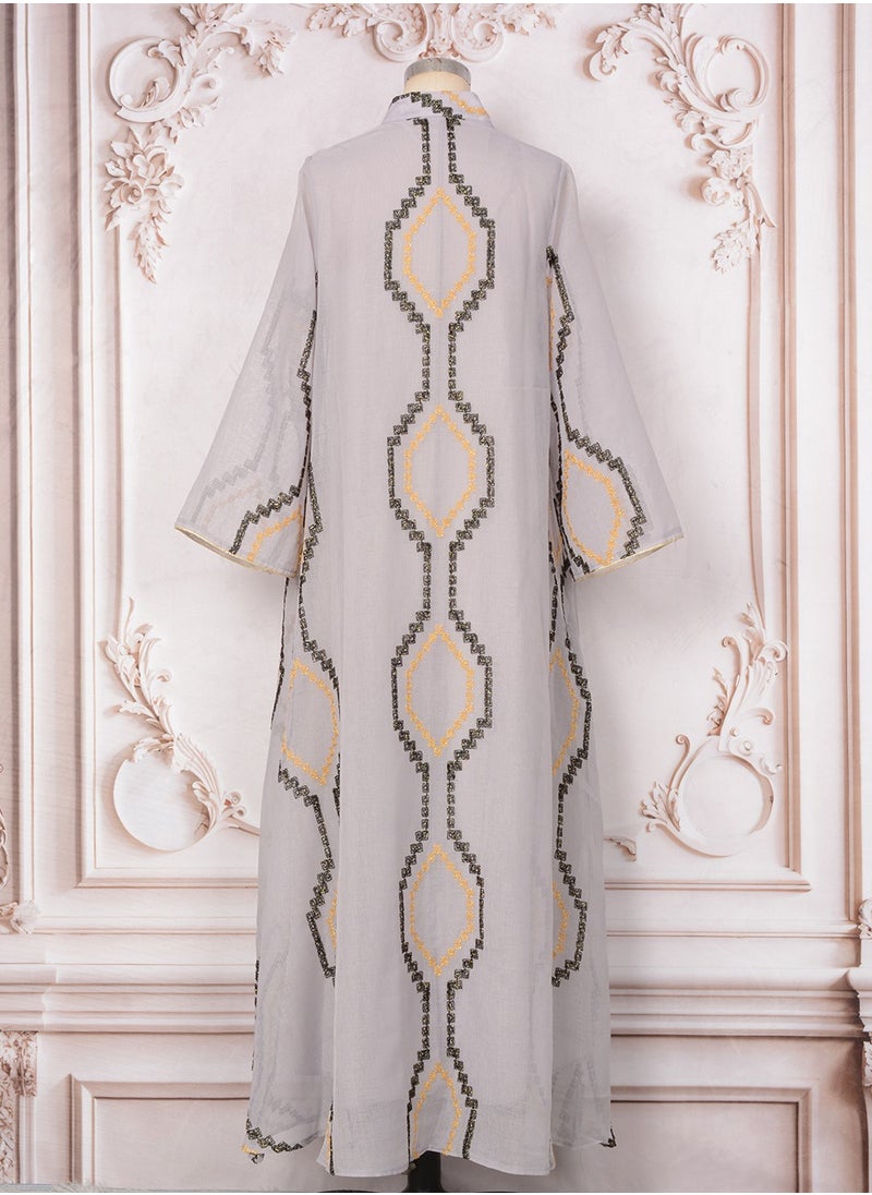 Womens Mesh Fabric Loose Fit Muslim Abaya Embroidered Sequin Evening Dress Arabian Maxi Robe Grey