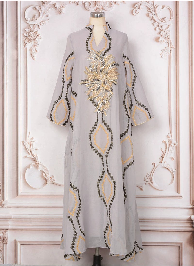 Womens Mesh Fabric Loose Fit Muslim Abaya Embroidered Sequin Evening Dress Arabian Maxi Robe Grey