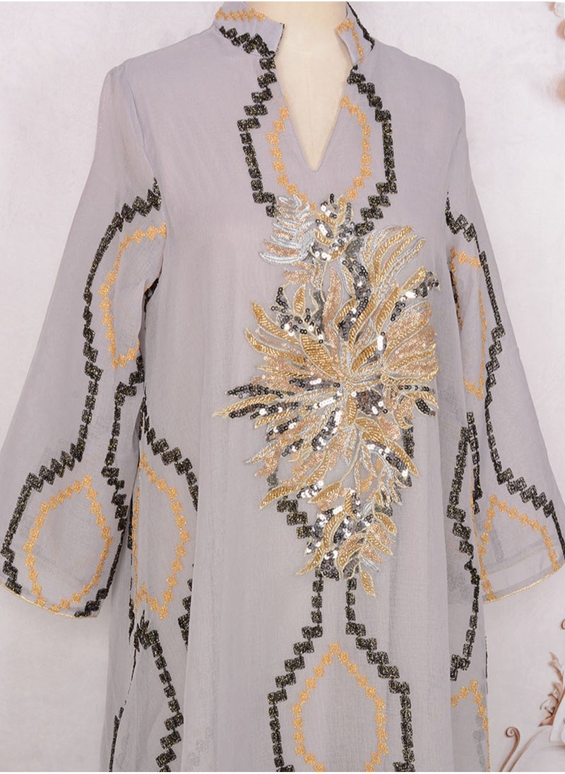 Womens Mesh Fabric Loose Fit Muslim Abaya Embroidered Sequin Evening Dress Arabian Maxi Robe Grey