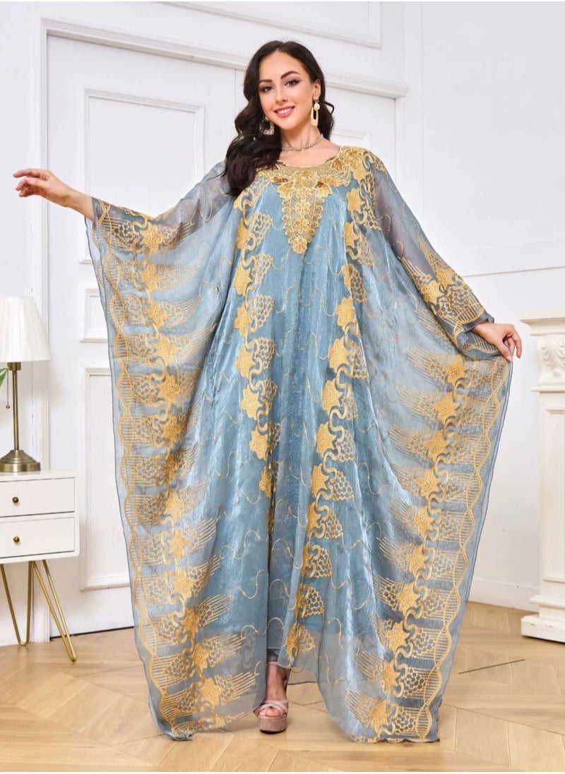 Womens Loose Fit Batwing Sleeve Muslim Abaya Two Piece Set Embroidered Sequin Evening Dress Arabian Maxi Robe Bluish Green