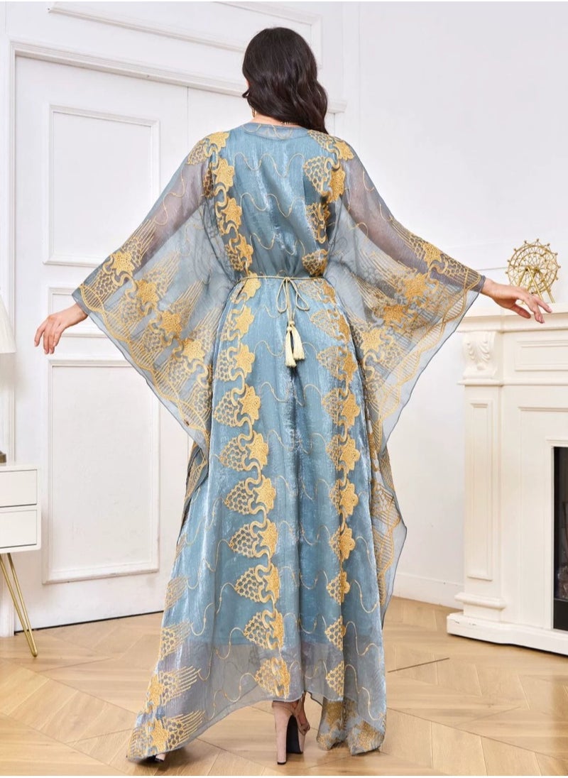 Womens Loose Fit Batwing Sleeve Muslim Abaya Two Piece Set Embroidered Sequin Evening Dress Arabian Maxi Robe Bluish Green