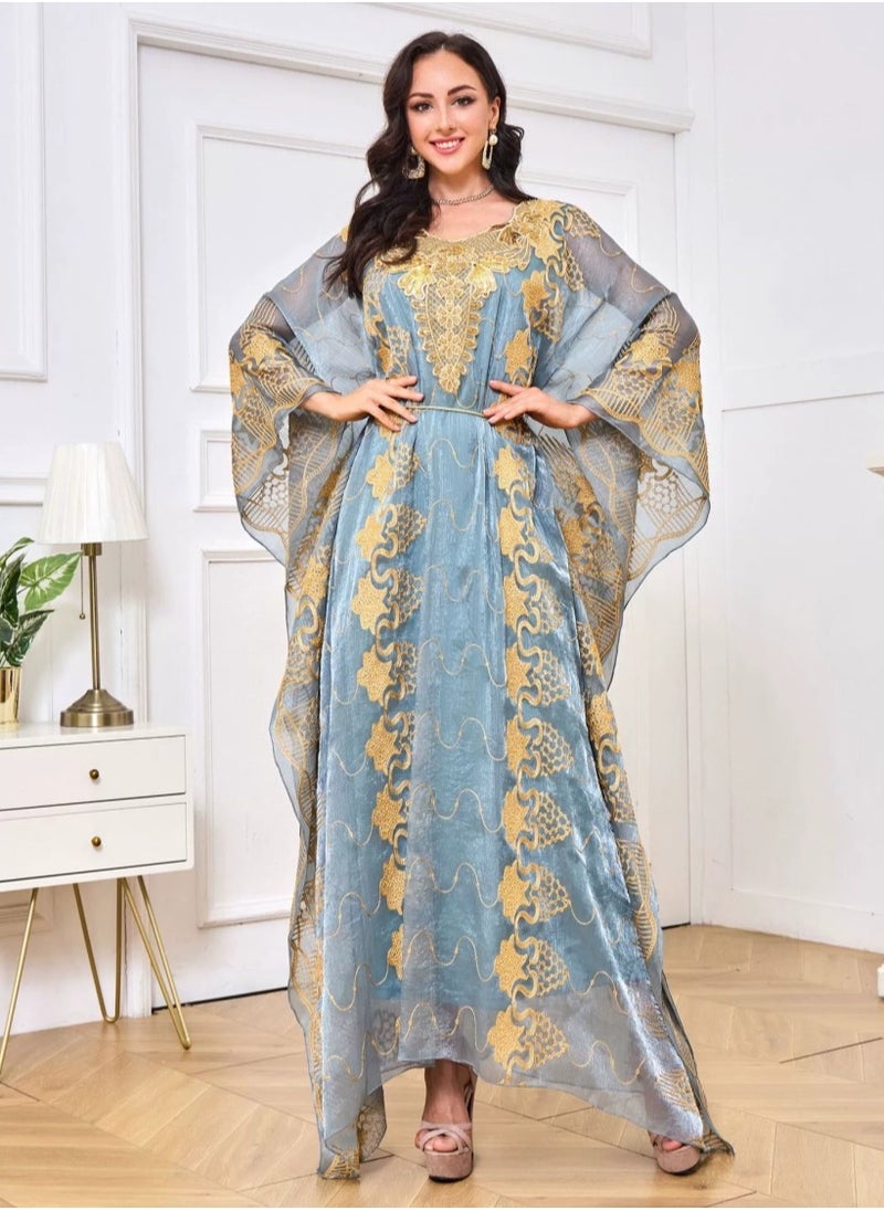 Womens Loose Fit Batwing Sleeve Muslim Abaya Two Piece Set Embroidered Sequin Evening Dress Arabian Maxi Robe Bluish Green