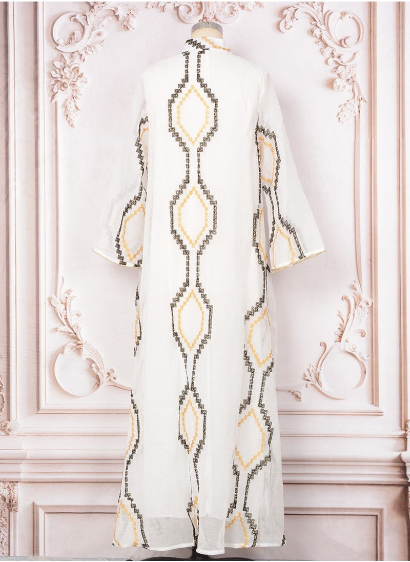 Womens Mesh Fabric Loose Fit Muslim Abaya Embroidered Sequin Evening Dress Arabian Maxi Robe White