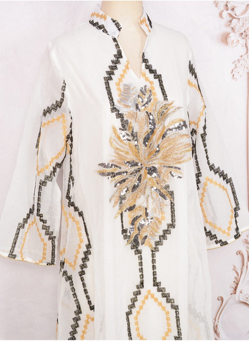 Womens Mesh Fabric Loose Fit Muslim Abaya Embroidered Sequin Evening Dress Arabian Maxi Robe White