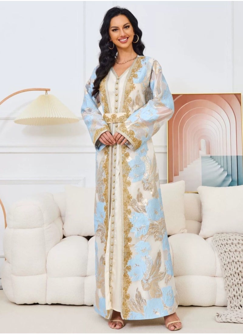 Womens Mesh Fabric Loose Fit Muslim Abaya 2 Piece Set Embroidered Nail Beaded Evening Dress Arabian Maxi Robe Light Blue