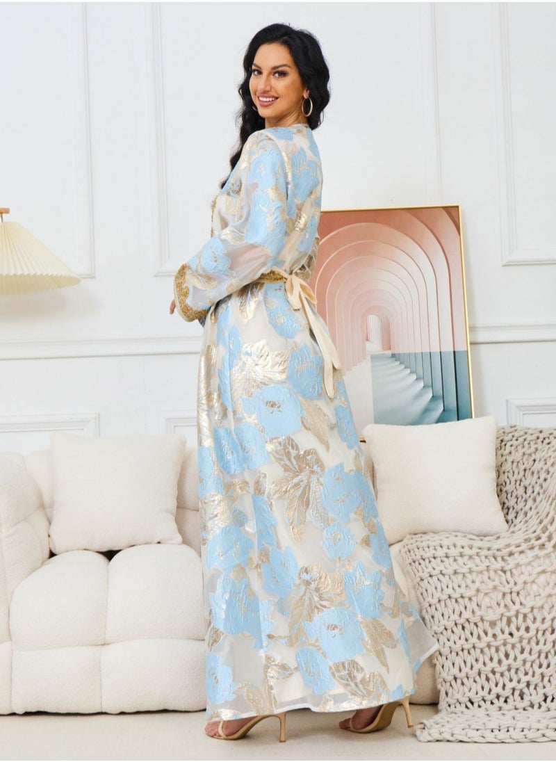 Womens Mesh Fabric Loose Fit Muslim Abaya 2 Piece Set Embroidered Nail Beaded Evening Dress Arabian Maxi Robe Light Blue